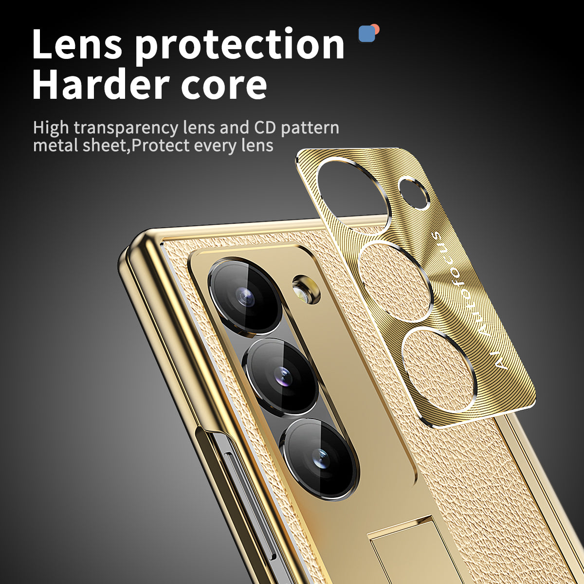 For Samsung Galaxy Z Fold6 5G PU Leather+Aluminum Alloy Kickstand Cover Folding Phone Case with Pen / Pen Slot - Gold+Gold