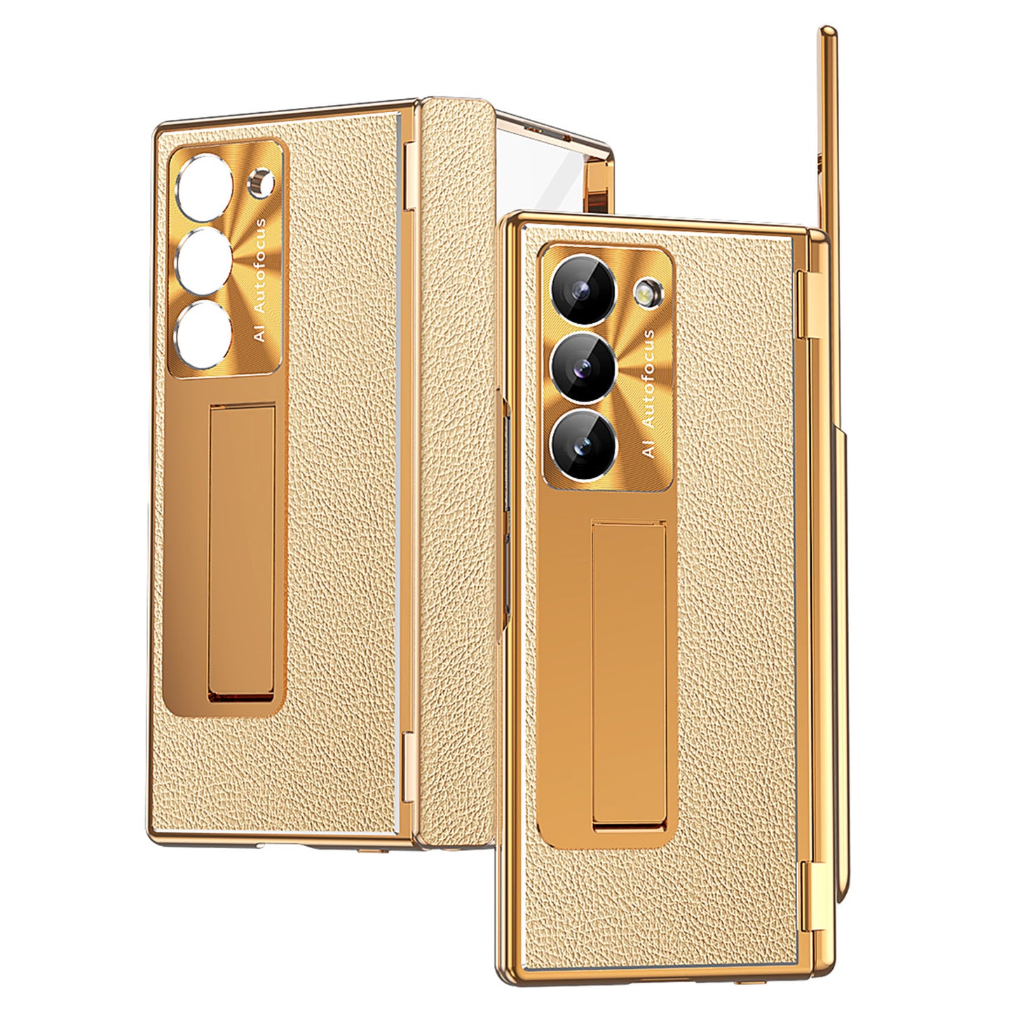 For Samsung Galaxy Z Fold6 5G PU Leather+Aluminum Alloy Kickstand Cover Folding Phone Case with Pen / Pen Slot - Gold