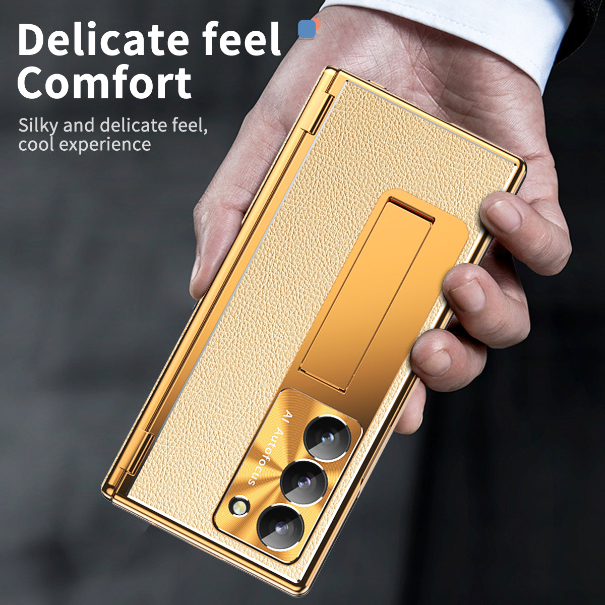 For Samsung Galaxy Z Fold6 5G PU Leather+Aluminum Alloy Kickstand Cover Folding Phone Case with Pen / Pen Slot - Gold