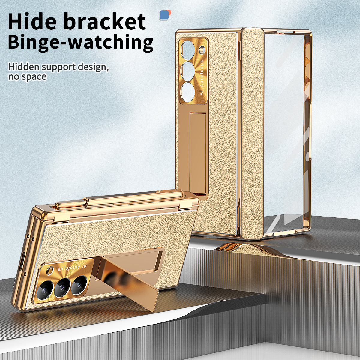 For Samsung Galaxy Z Fold6 5G PU Leather+Aluminum Alloy Kickstand Cover Folding Phone Case with Pen / Pen Slot - Gold