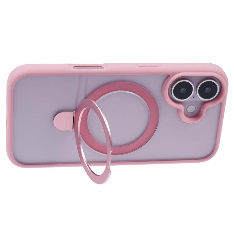 For iPhone 16 Plus Case Ring Holder Kickstand PC+TPU Clear Back Phone Cover - Pink