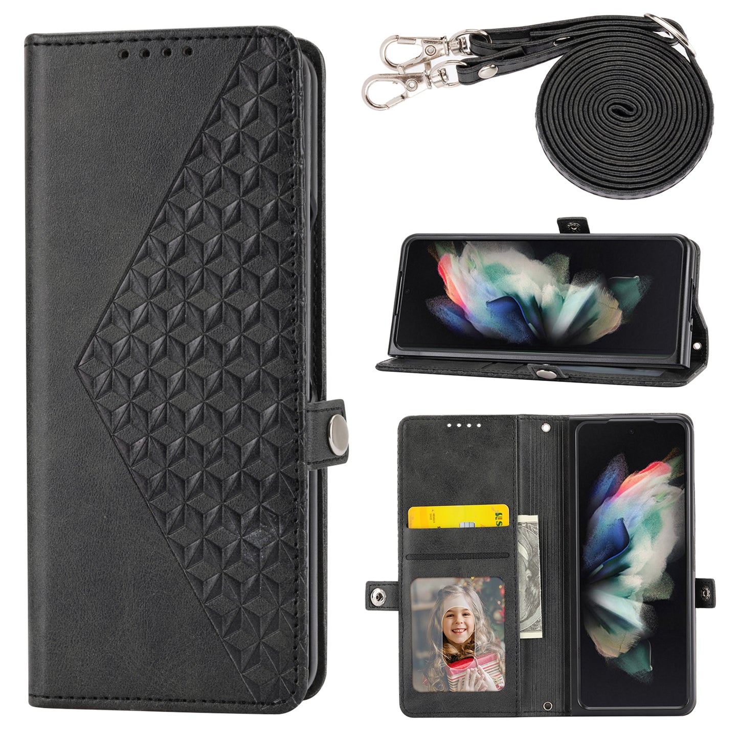 For Samsung Galaxy Z Fold6 5G Wallet Case Calf Texture PU Leather Phone Cover with Shoulder Strap - Black