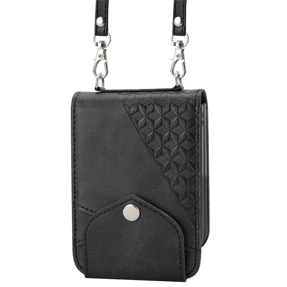 For Samsung Galaxy Z Flip7 FE 5G / Z Flip6 5G Case Calf Texture PU Leather Phone Cover with Shoulder Strap - Black