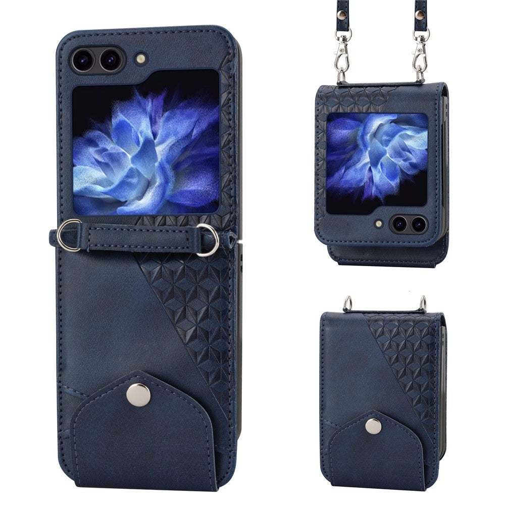 For Samsung Galaxy Z Flip7 FE 5G / Z Flip6 5G Case Calf Texture PU Leather Phone Cover with Shoulder Strap - Blue