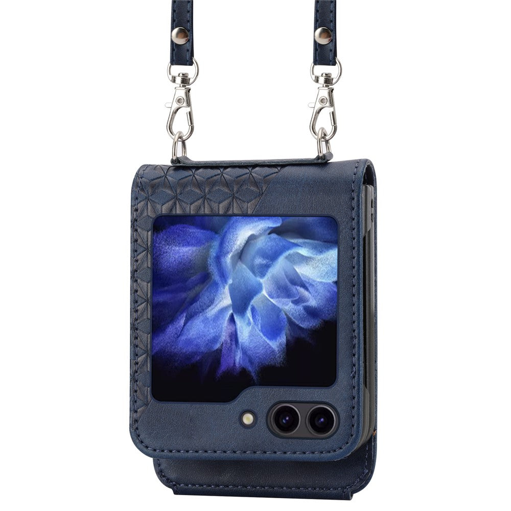 For Samsung Galaxy Z Flip7 FE 5G / Z Flip6 5G Case Calf Texture PU Leather Phone Cover with Shoulder Strap - Blue