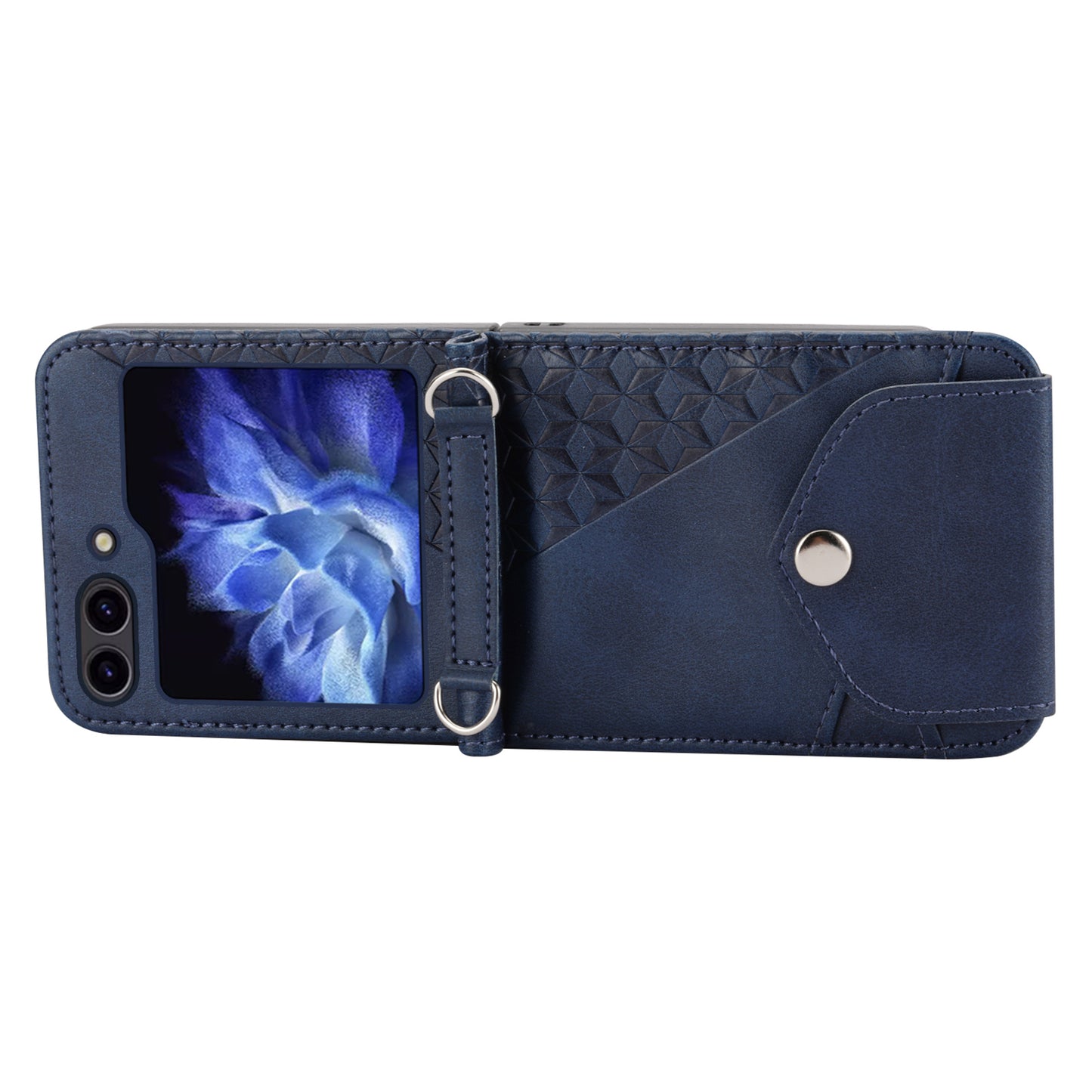 For Samsung Galaxy Z Flip6 5G Case Calf Texture PU Leather Phone Cover with Shoulder Strap - Blue