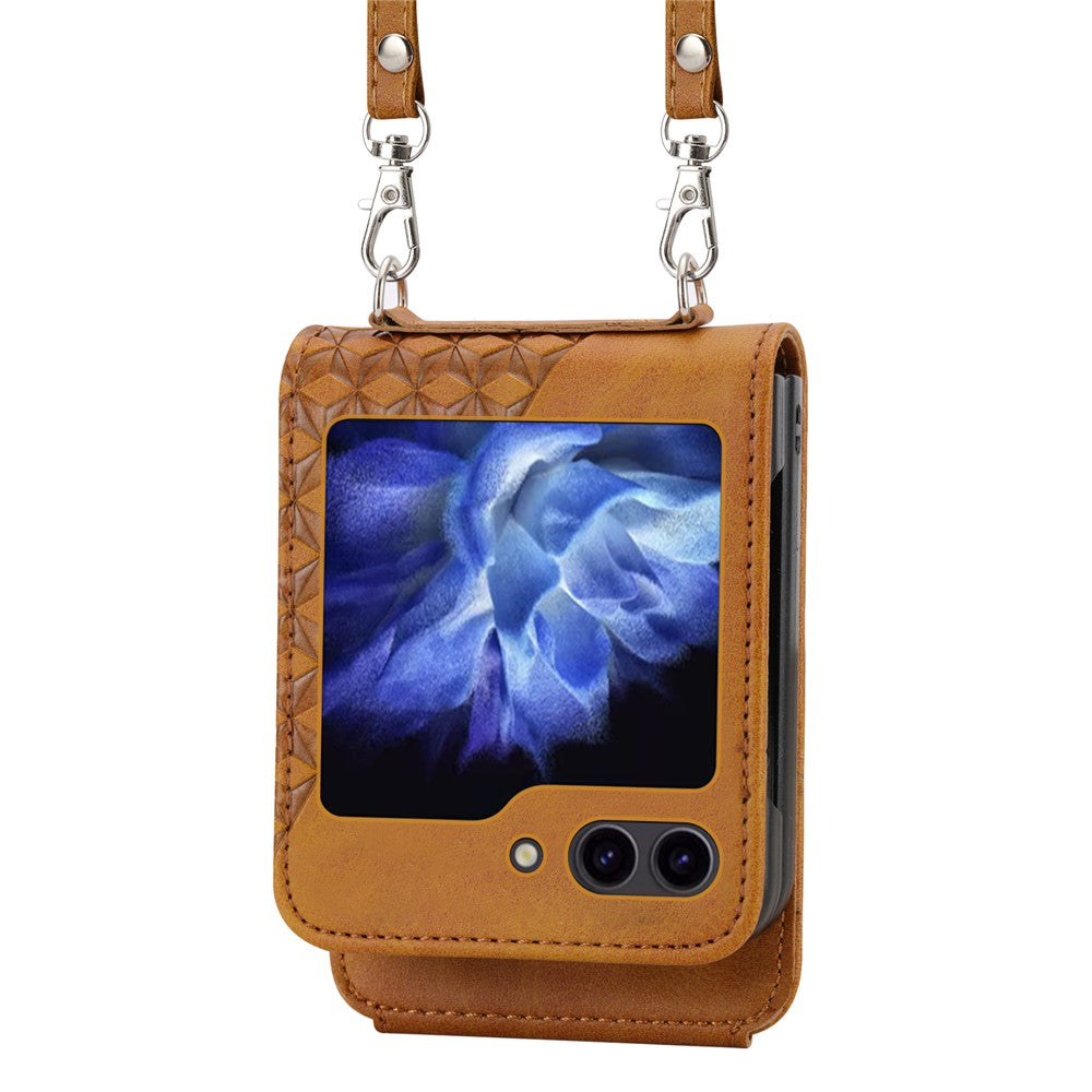 For Samsung Galaxy Z Flip7 FE 5G / Z Flip6 5G Case Calf Texture PU Leather Phone Cover with Shoulder Strap - Yellow