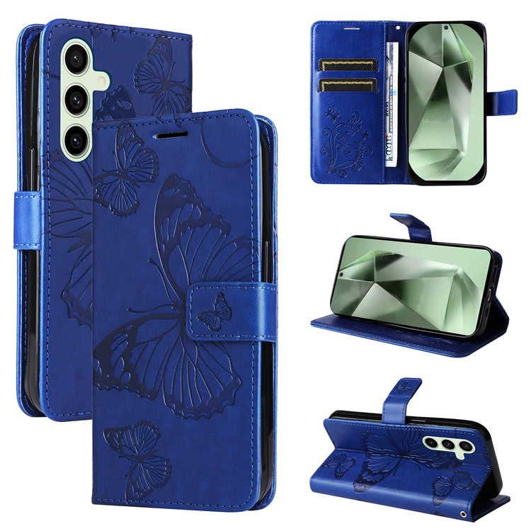 KT Imprinting Flower Series-2 For Samsung Galaxy S24 FE Case PU Leather Butterfly Phone Cover - Blue