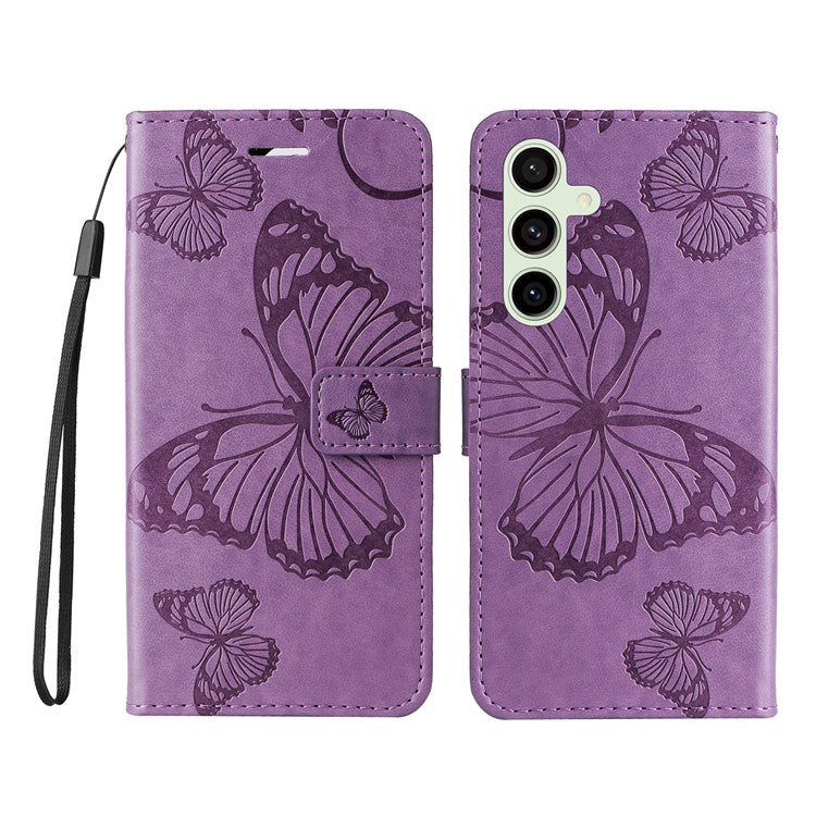 KT Imprinting Flower Series-2 For Samsung Galaxy S24 FE Case PU Leather Butterfly Phone Cover - Purple