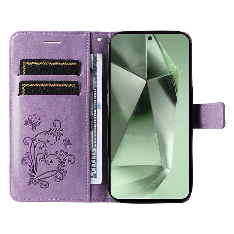 KT Imprinting Flower Series-2 For Samsung Galaxy S24 FE Case PU Leather Butterfly Phone Cover - Purple