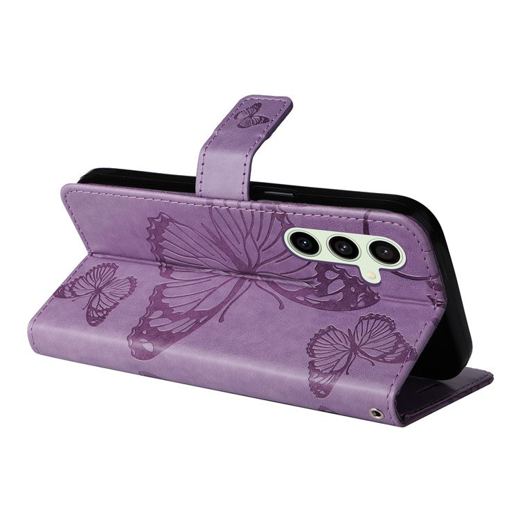 KT Imprinting Flower Series-2 For Samsung Galaxy S24 FE Case PU Leather Butterfly Phone Cover - Purple