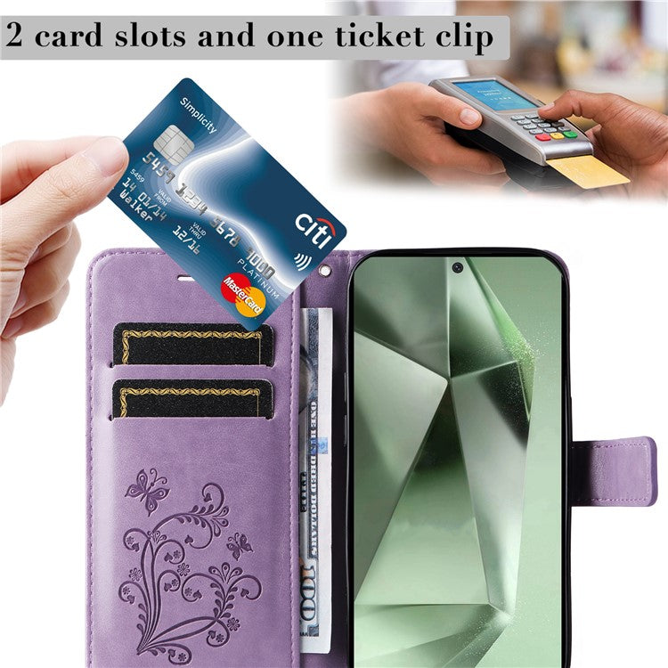 KT Imprinting Flower Series-2 For Samsung Galaxy S24 FE Case PU Leather Butterfly Phone Cover - Purple
