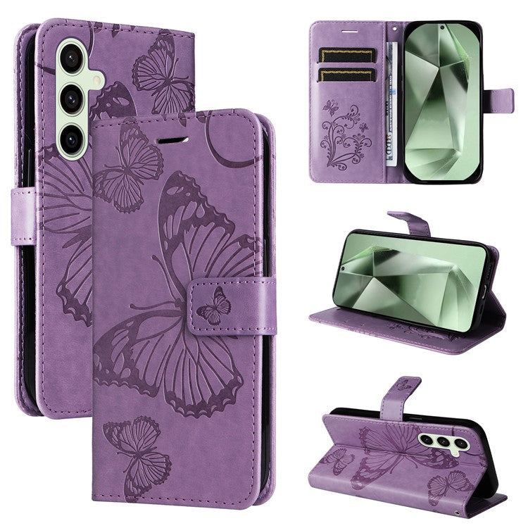 KT Imprinting Flower Series-2 For Samsung Galaxy S24 FE Case PU Leather Butterfly Phone Cover - Purple
