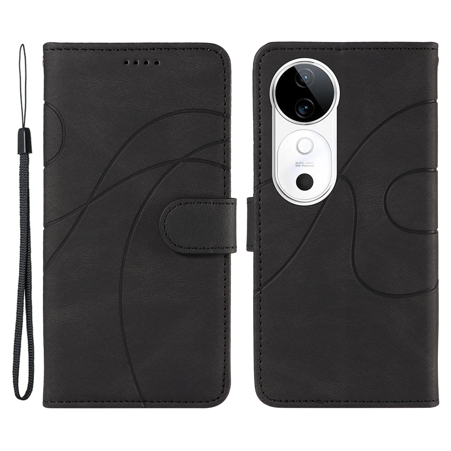 For vivo S19 5G / V40 5G Case Curved Line Imprint Leather Wallet Phone Cover - Black