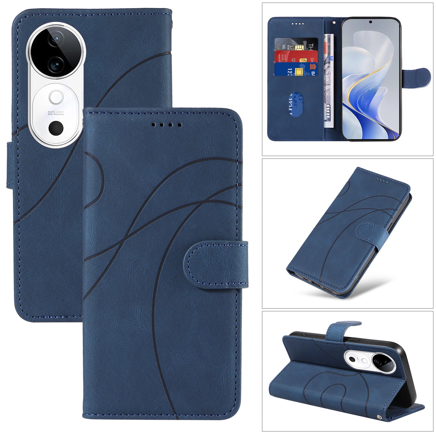 For vivo S19 5G / V40 5G Case Curved Line Imprint Leather Wallet Phone Cover - Blue