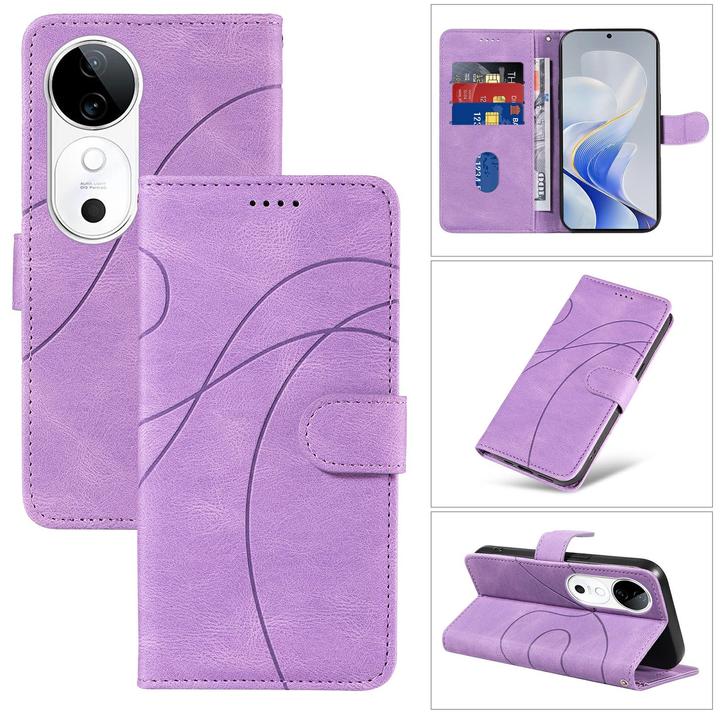 For vivo S19 5G / V40 5G Case Curved Line Imprint Leather Wallet Phone Cover - Light Purple
