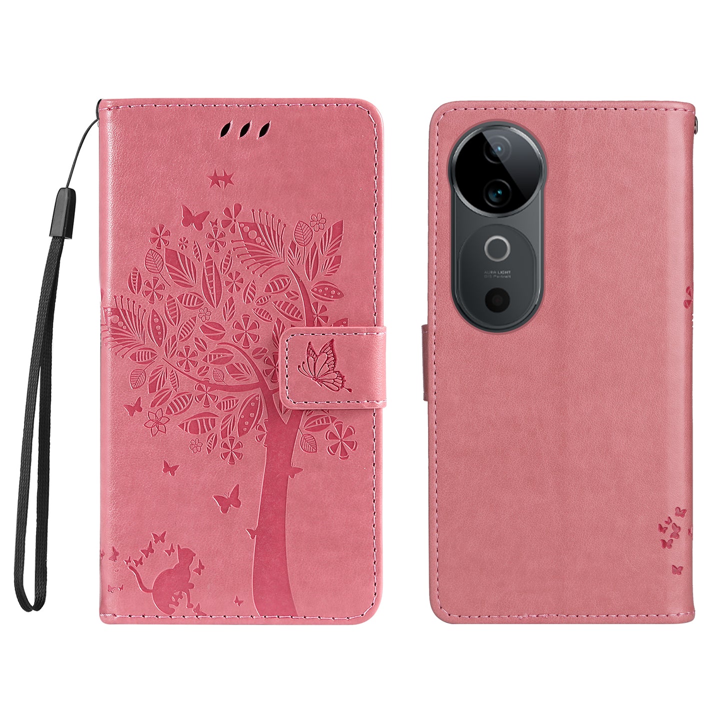 KT Imprinting Flower Series-3 For vivo S19 5G / V40 5G Leather Phone Case Cat Tree Pattern - Pink