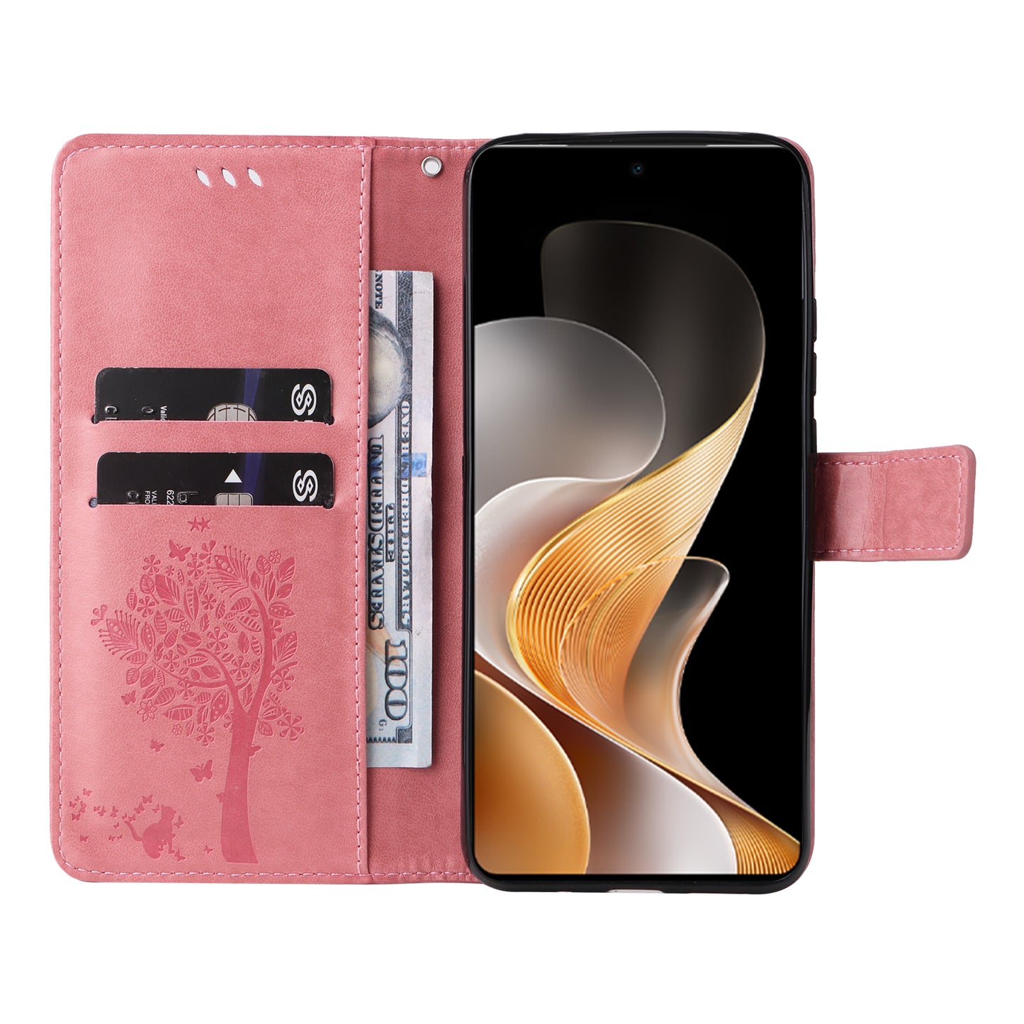 KT Imprinting Flower Series-3 For vivo S19 5G / V40 5G Leather Phone Case Cat Tree Pattern - Pink