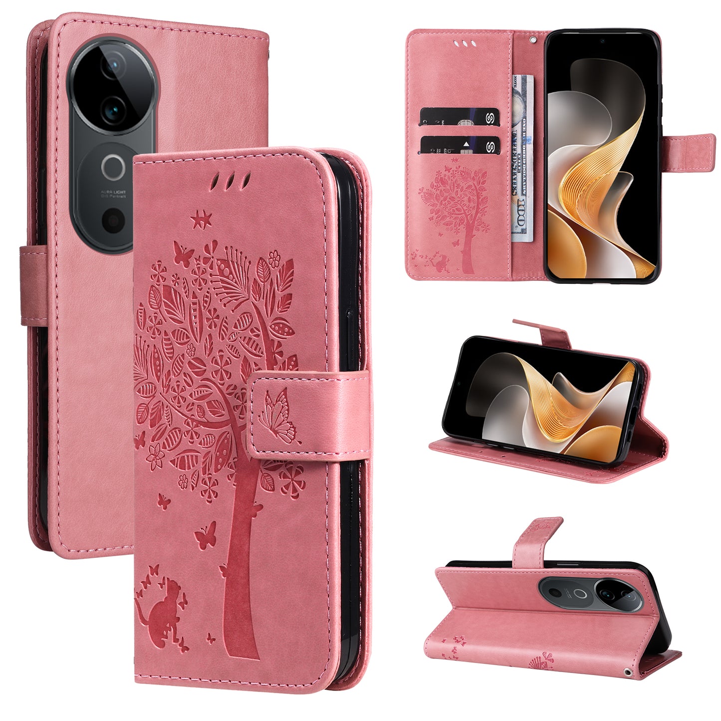 KT Imprinting Flower Series-3 For vivo S19 5G / V40 5G Leather Phone Case Cat Tree Pattern - Pink