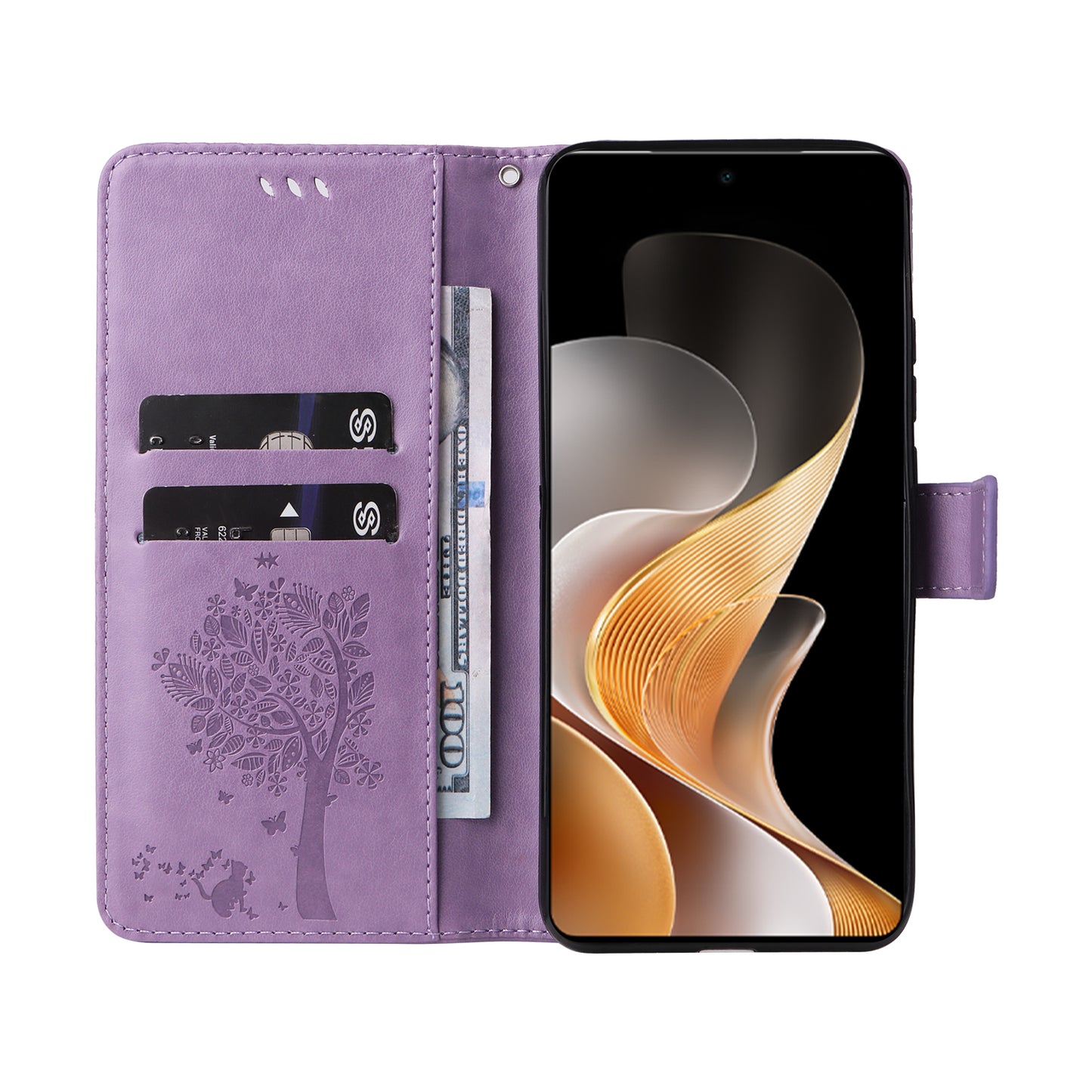 KT Imprinting Flower Series-3 For vivo S19 5G / V40 5G Leather Phone Case Cat Tree Pattern - Light Purple