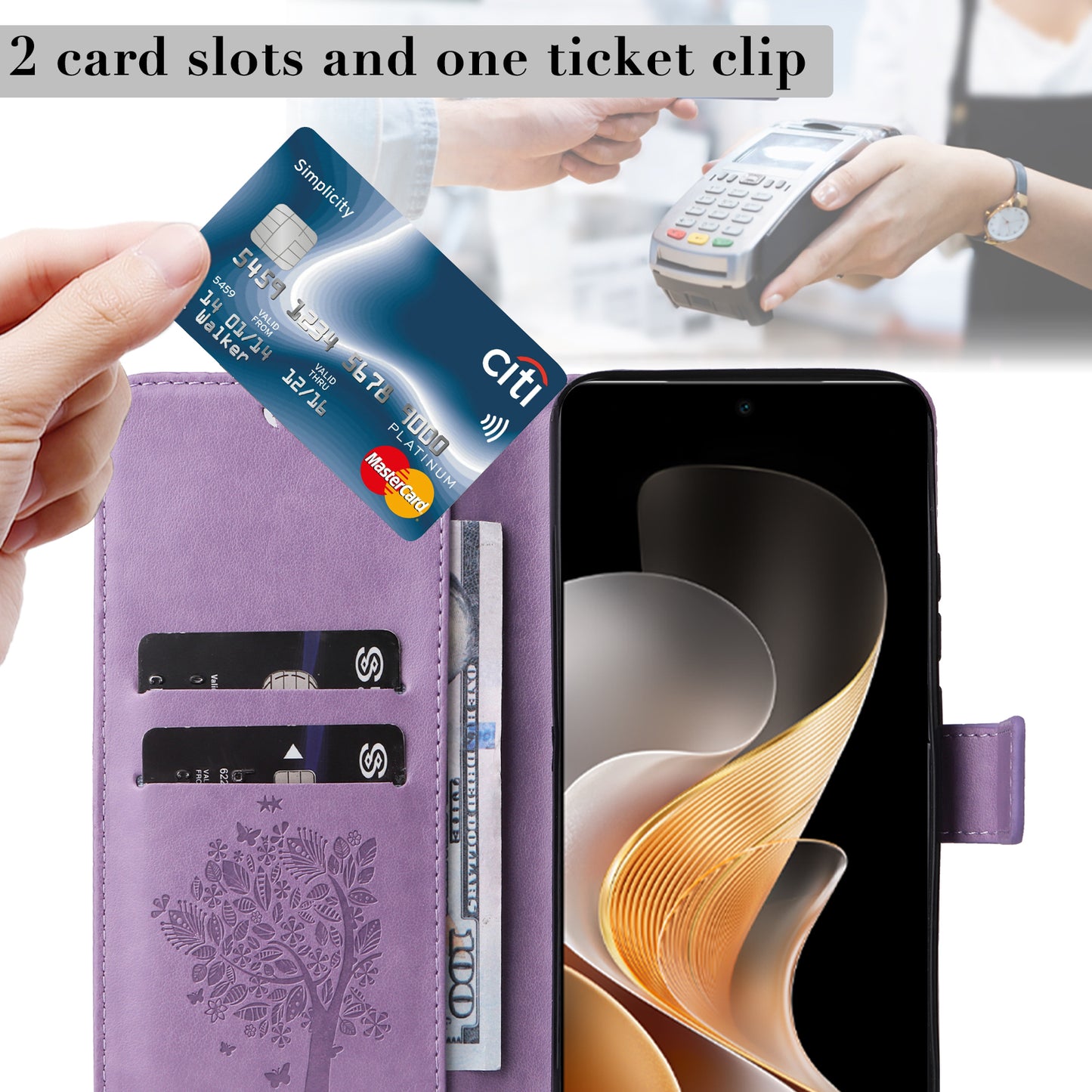 KT Imprinting Flower Series-3 For vivo S19 5G / V40 5G Leather Phone Case Cat Tree Pattern - Light Purple