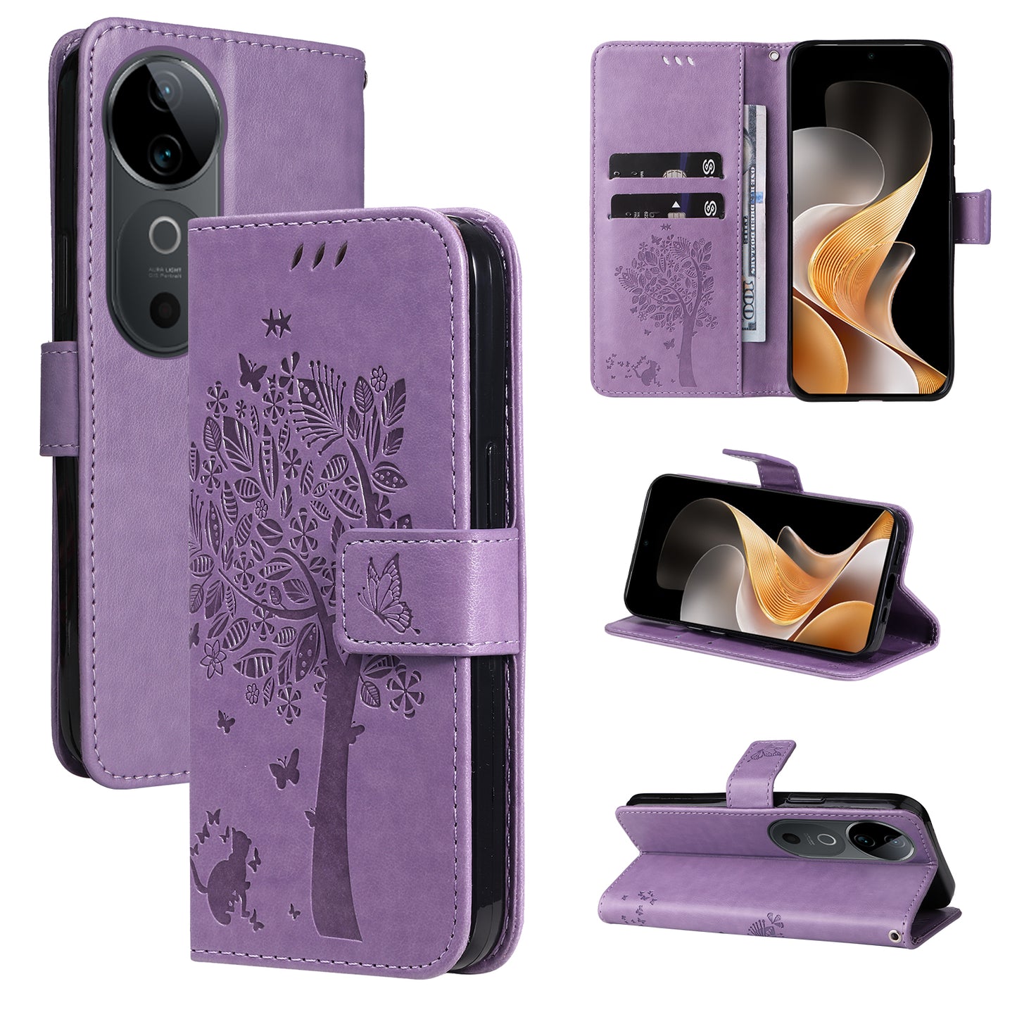 KT Imprinting Flower Series-3 For vivo S19 5G / V40 5G Leather Phone Case Cat Tree Pattern - Light Purple