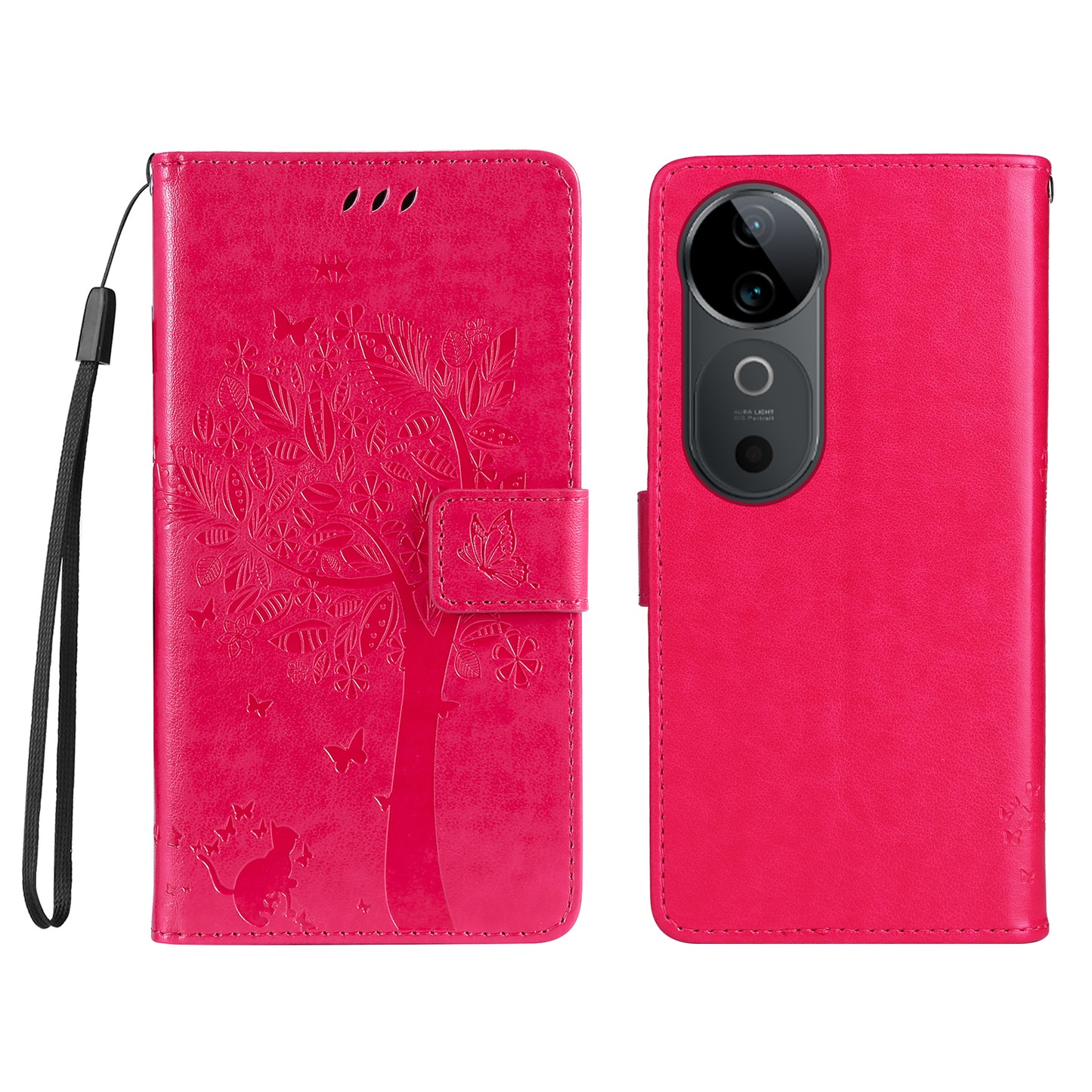 KT Imprinting Flower Series-3 For vivo S19 5G / V40 5G Leather Phone Case Cat Tree Pattern - Rose