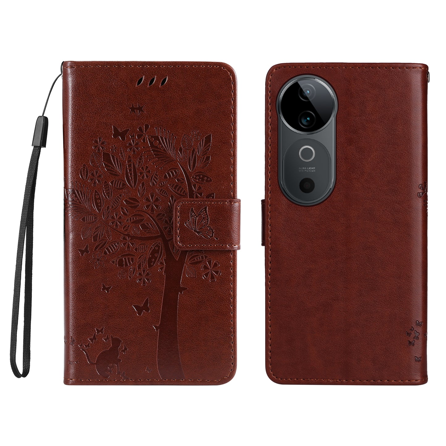 KT Imprinting Flower Series-3 For vivo S19 5G / V40 5G Leather Phone Case Cat Tree Pattern - Coffee