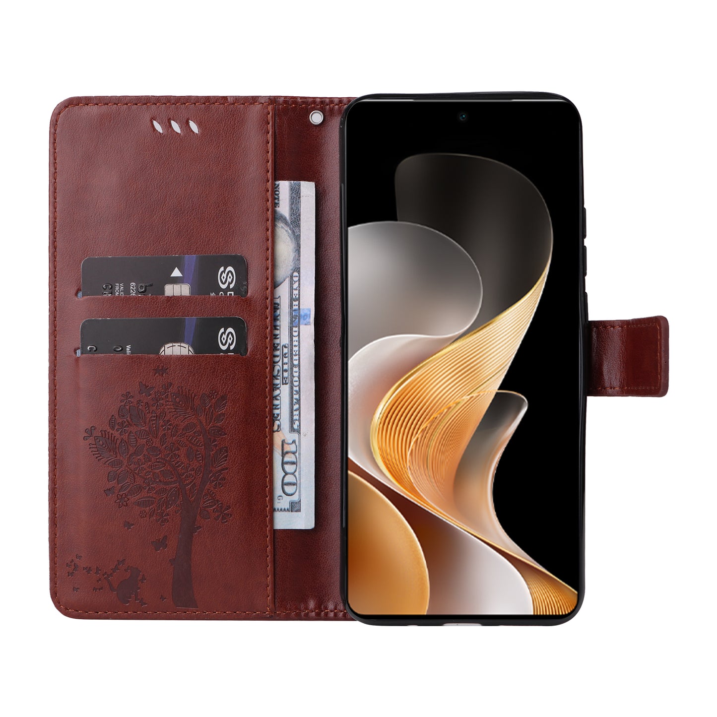 KT Imprinting Flower Series-3 For vivo S19 5G / V40 5G Leather Phone Case Cat Tree Pattern - Coffee
