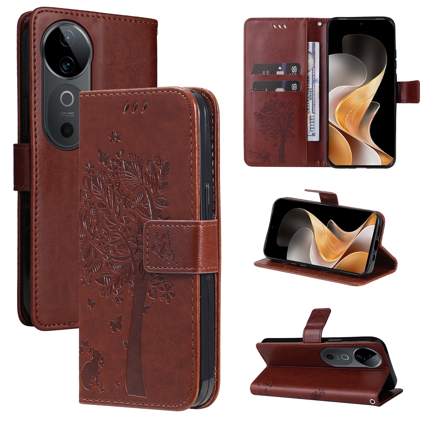 KT Imprinting Flower Series-3 For vivo S19 5G / V40 5G Leather Phone Case Cat Tree Pattern - Coffee