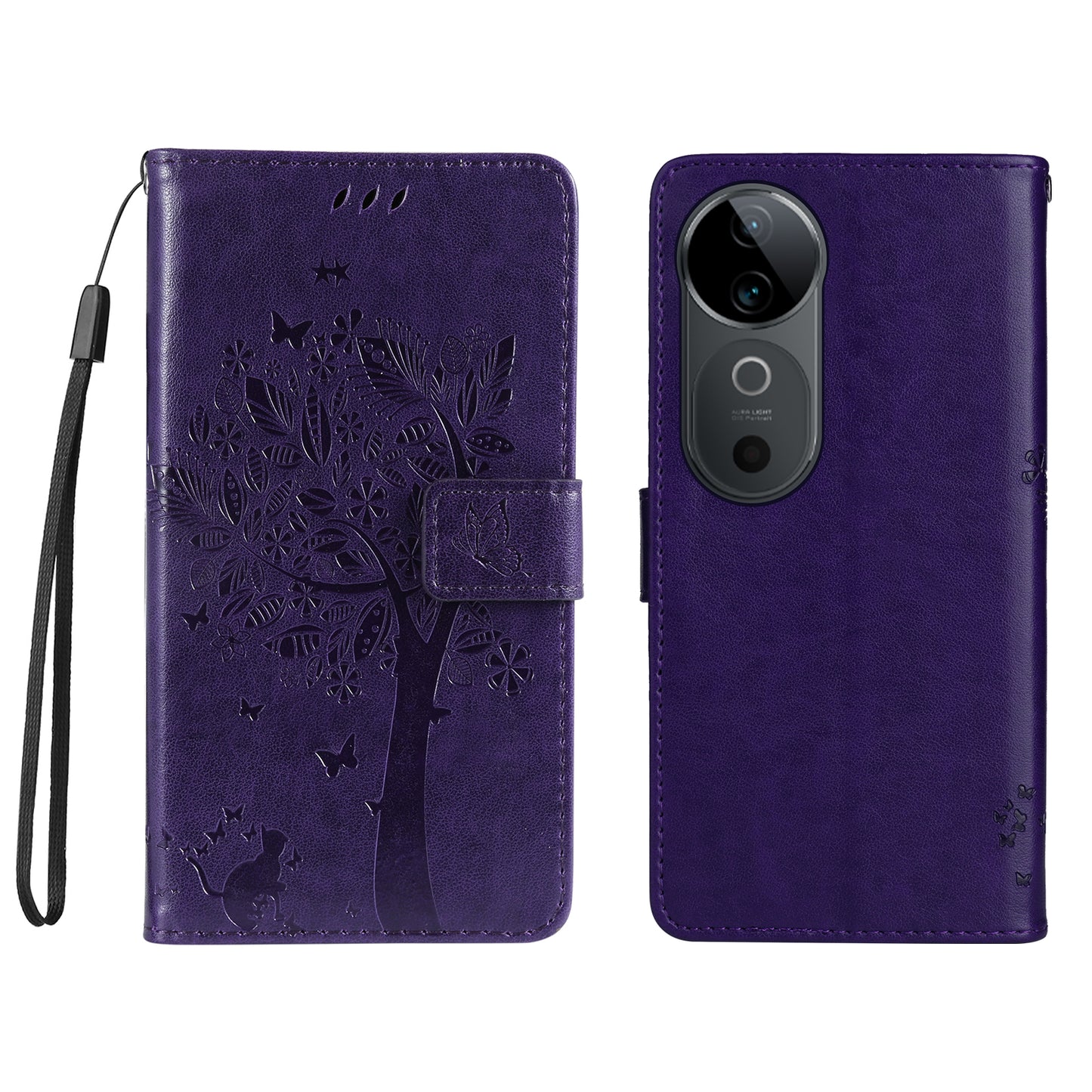 KT Imprinting Flower Series-3 For vivo S19 5G / V40 5G Leather Phone Case Cat Tree Pattern - Purple