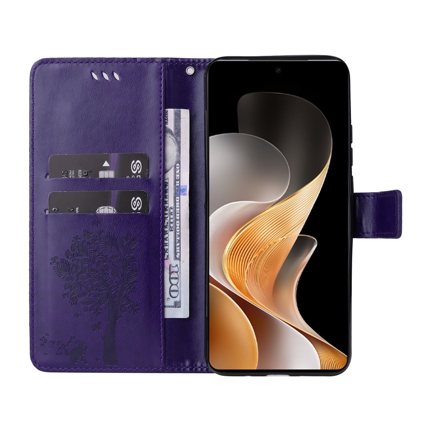KT Imprinting Flower Series-3 For vivo S19 5G / V40 5G Leather Phone Case Cat Tree Pattern - Purple