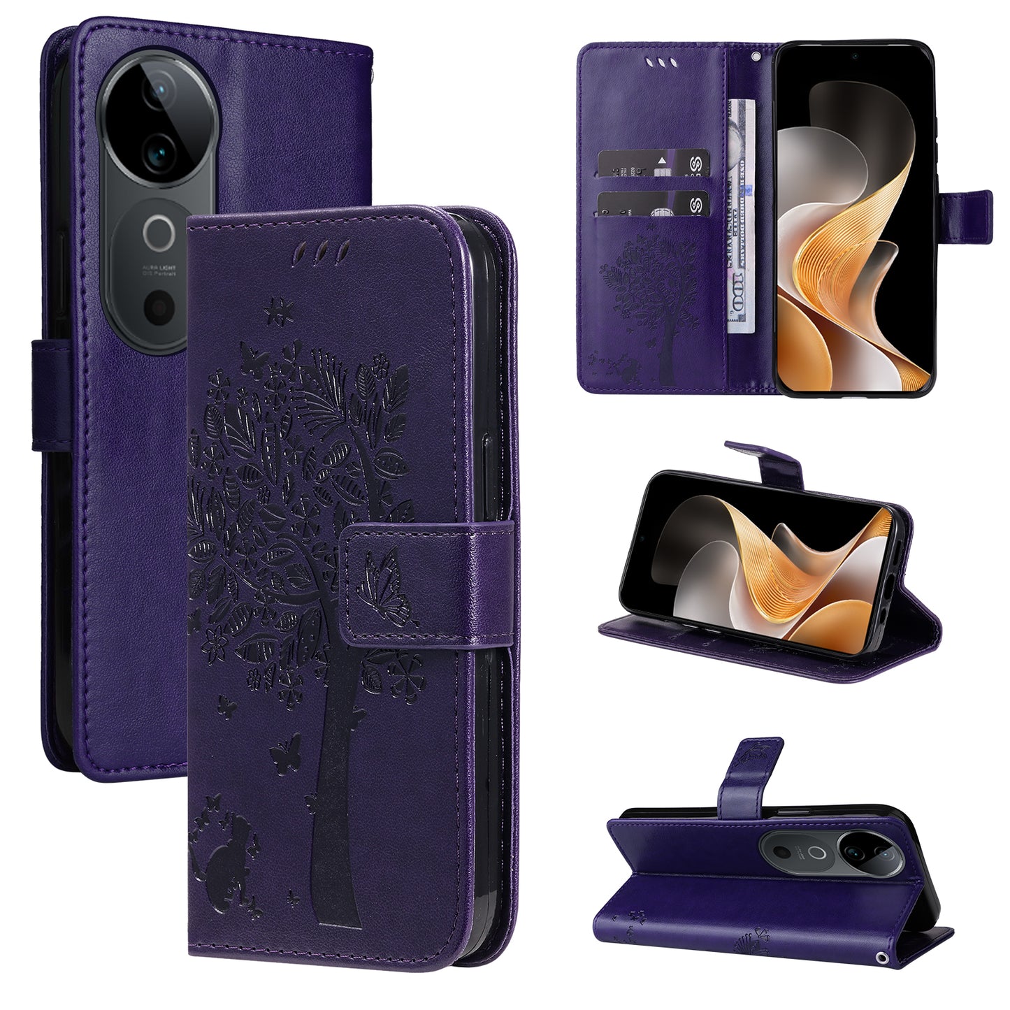 KT Imprinting Flower Series-3 For vivo S19 5G / V40 5G Leather Phone Case Cat Tree Pattern - Purple