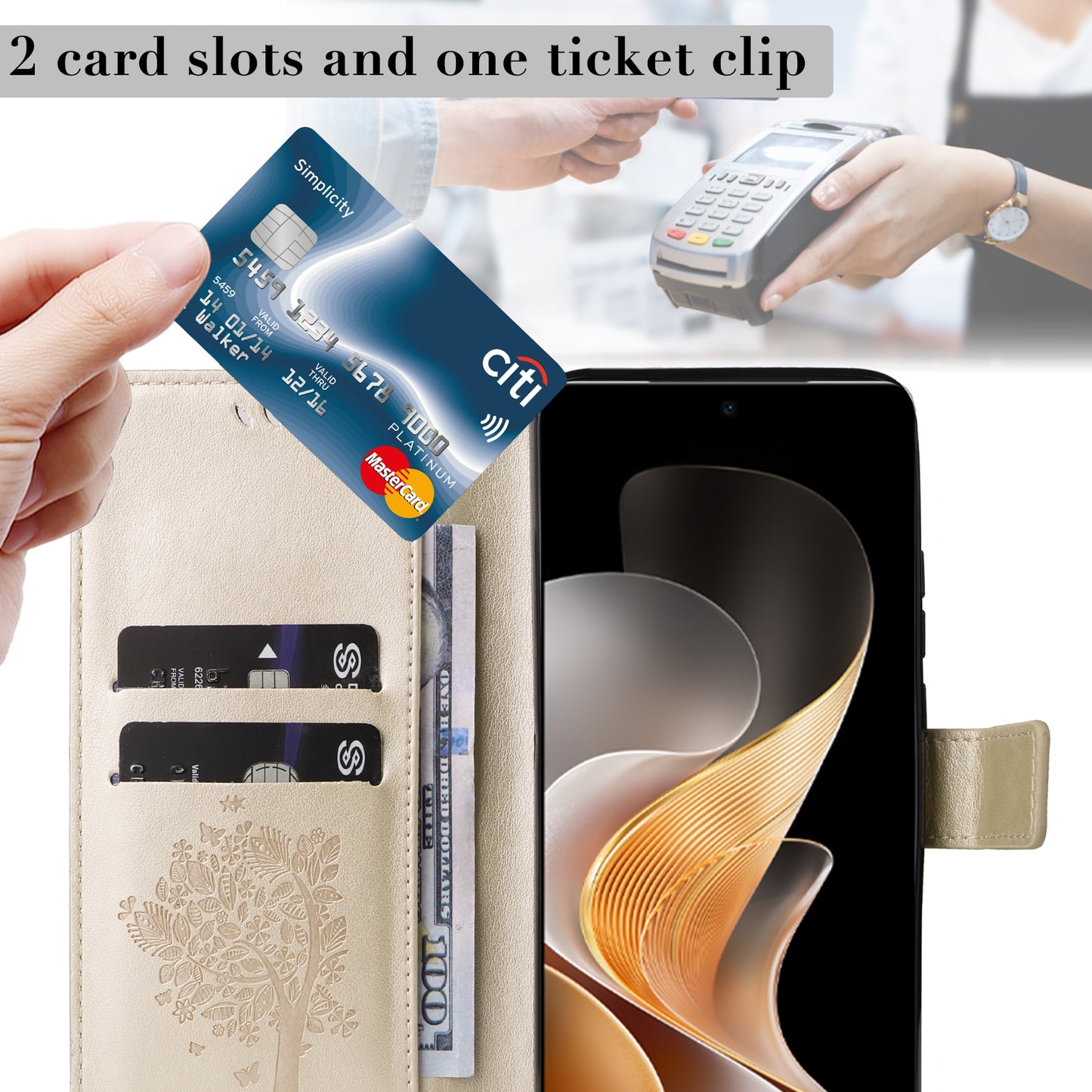 KT Imprinting Flower Series-3 For vivo S19 5G / V40 5G Leather Phone Case Cat Tree Pattern - Gold