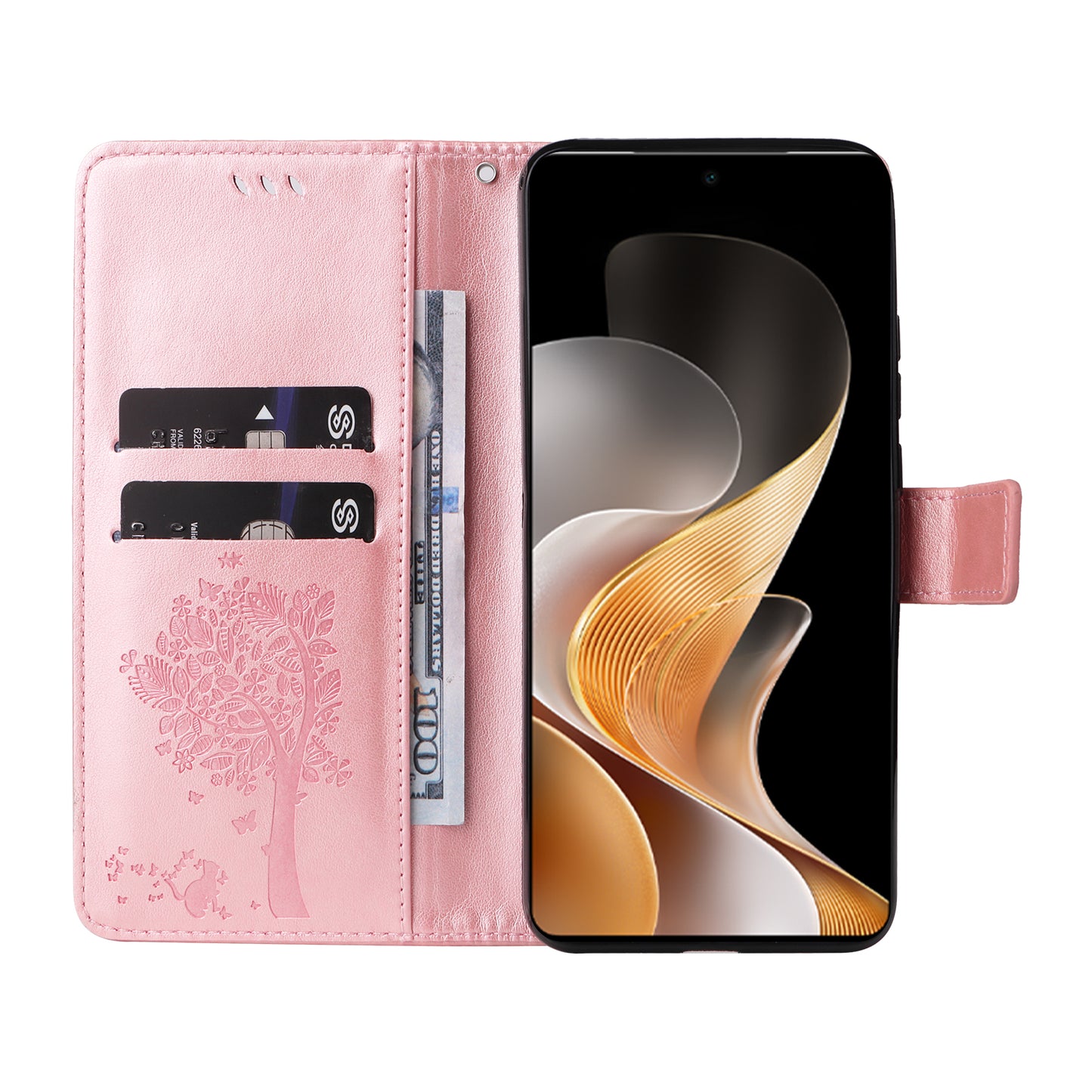 KT Imprinting Flower Series-3 For vivo S19 5G / V40 5G Leather Phone Case Cat Tree Pattern - Rose Gold