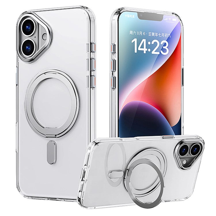 For iPhone 16 Case Compatible with MagSafe TPU+Acrylic+Metal Kickstand Matte Phone Cover - Transparent