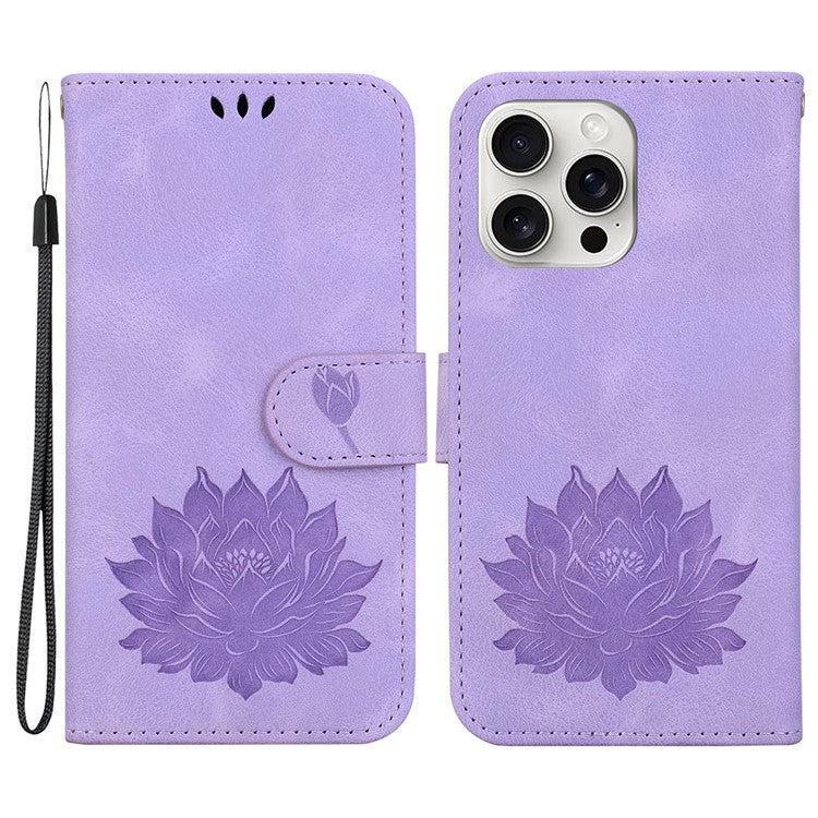 For iPhone 16 Pro Phone Case Lotus Imprint Leather Stand Wallet Cover - Purple