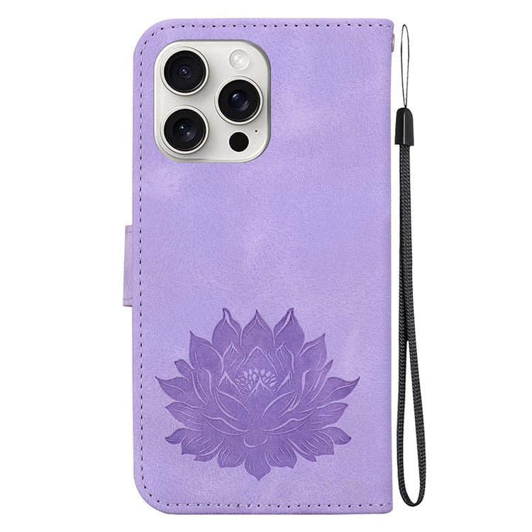 For iPhone 16 Pro Phone Case Lotus Imprint Leather Stand Wallet Cover - Purple