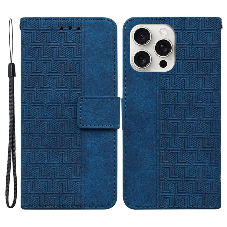 For iPhone 16 Pro Case PU Leather Geometry Imprint Wallet Phone Cover - Blue