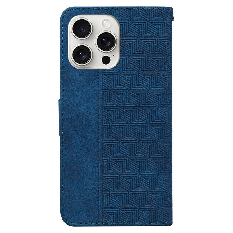For iPhone 16 Pro Case PU Leather Geometry Imprint Wallet Phone Cover - Blue