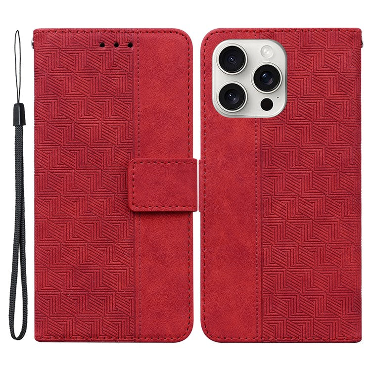 For iPhone 16 Pro Case PU Leather Geometry Imprint Wallet Phone Cover - Red