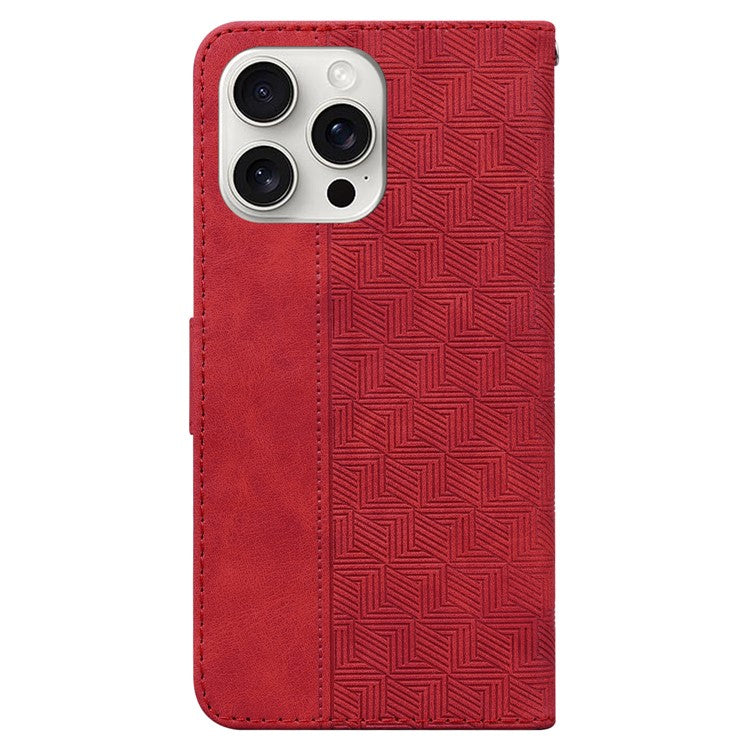 For iPhone 16 Pro Case PU Leather Geometry Imprint Wallet Phone Cover - Red