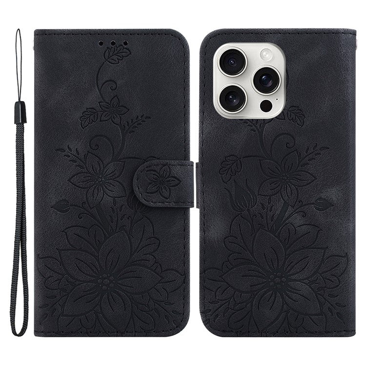 For iPhone 16 Pro Wallet Case PU Leather Phone Cover Flower Imprinted - Black