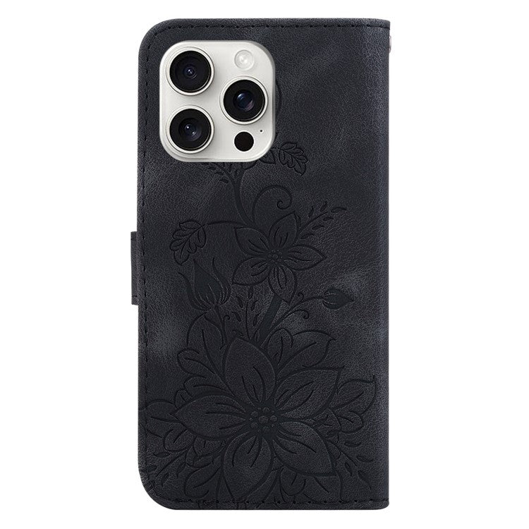 For iPhone 16 Pro Wallet Case PU Leather Phone Cover Flower Imprinted - Black