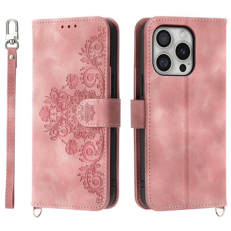 For iPhone 16 Pro Leather Case Multiple Card Slots Phone Cover with 2 Straps - Pink