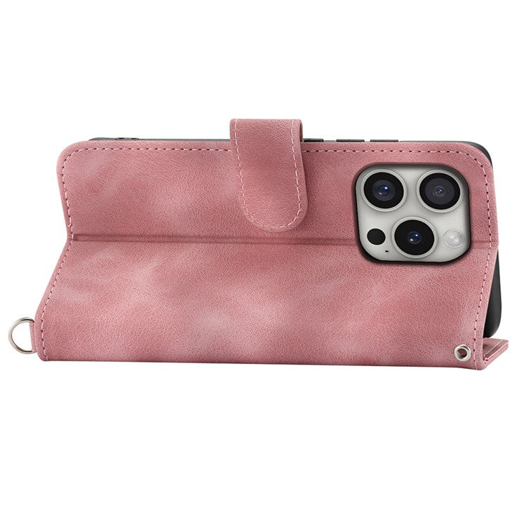 For iPhone 16 Pro Leather Case Multiple Card Slots Phone Cover with 2 Straps - Pink