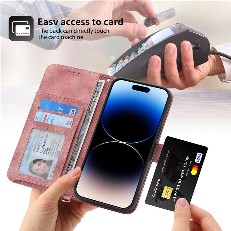 For iPhone 16 Pro Leather Case Multiple Card Slots Phone Cover with 2 Straps - Pink