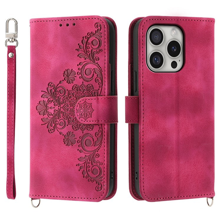 For iPhone 16 Pro Leather Case Multiple Card Slots Phone Cover with 2 Straps - Wine Red
