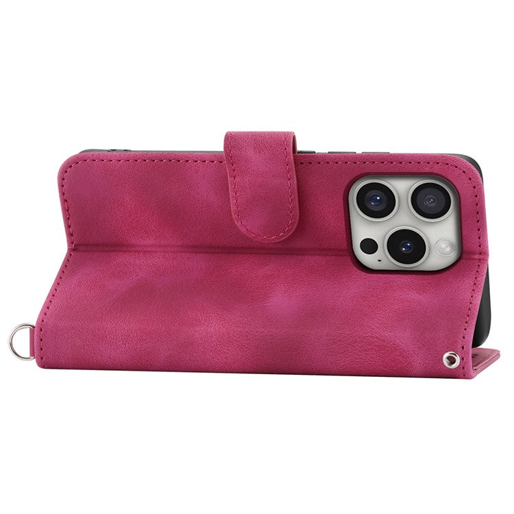 For iPhone 16 Pro Leather Case Multiple Card Slots Phone Cover with 2 Straps - Wine Red