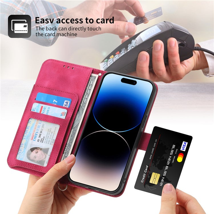 For iPhone 16 Pro Leather Case Multiple Card Slots Phone Cover with 2 Straps - Wine Red